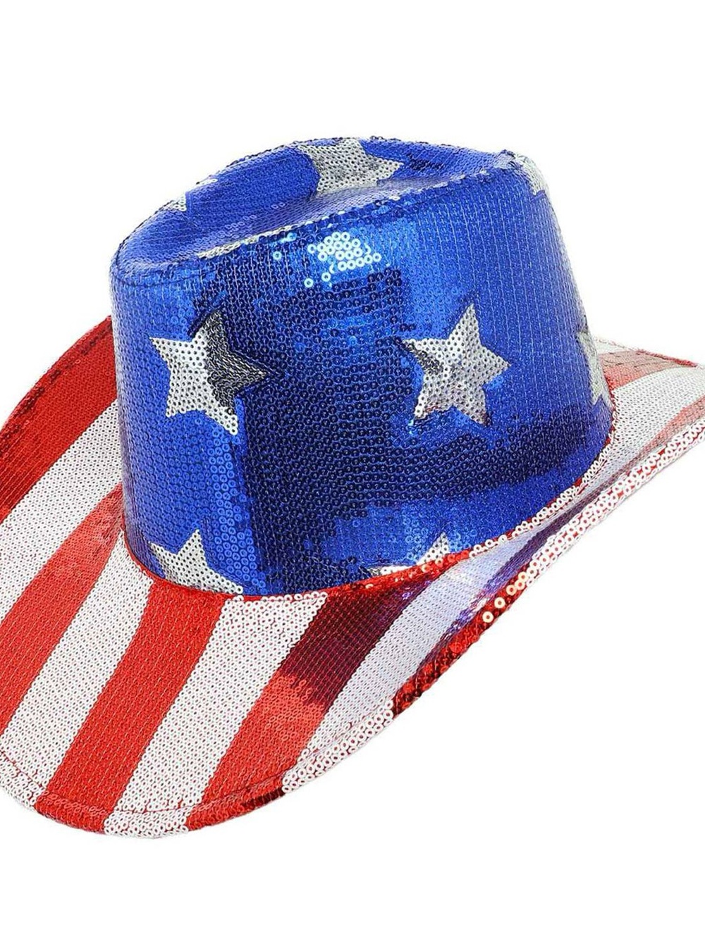 Nu Shuz Red White Blue Silver Sequin Stars & Stripes Patriotic Cowboy Hat